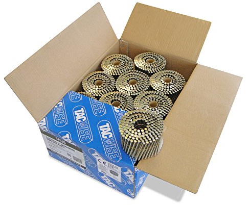 Tacwise 1035 Clavos en Bobina Plana Galvanizados Tipo 3,3 x 75 mm, Punta Diamante, Vástago Anillado, Inclinados 16°, Bobinados con Alambre, Paquete de 4000