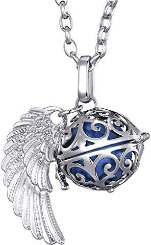 Morella collar ángel de la guarda de acero inoxidable 70 cm con colgante alas de ángel y bola de resonancia de color azul Ø 16 mm para damas en bolsa para joyas