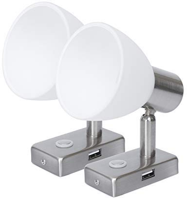 lighteu, 2x 12V 2W D1 USB Decken- / Wandstrahler, Nickel-Finish, Nachttischlampe, Leselampe mit Touch-Schalter dimmbar warmweiß/blaues Licht für Yacht, Caravan, Wohnmobil