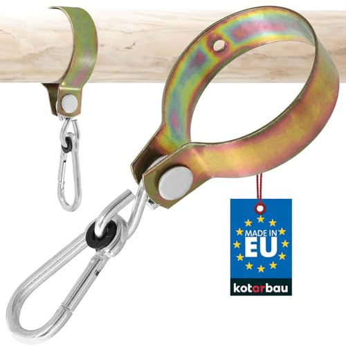 KOTARBAU® Schaukelschelle - ⌀ 100 mm - Schaukelhaken für Holzbalken - Stabile Schaukel Befestigung - für Rundholz - Haken für Hängesessel - mit Karabinerhaken - verzinkter Stahl - Gold