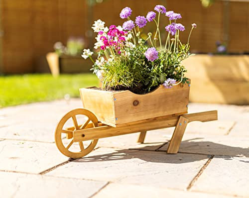 Garden Mile® Garden Wooden Planter Novelty Wheelbarrow Plant Herb Flower Holder 3 Shelf 2 Tier Natural Outdoor Patio Decor Ornament Holder (Wooden Wheelbarrow Planter)