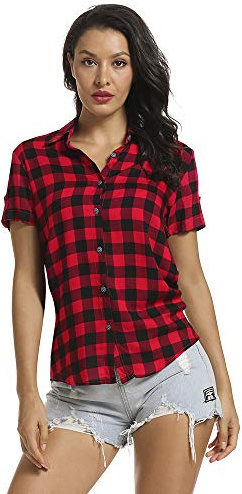 Aeslech Women's Short Sleeve Button Down Shirt Blouse Plaid Checked Summer Tops