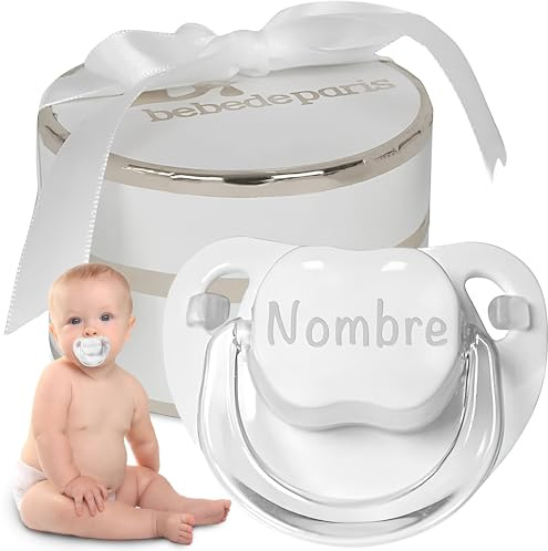 Chupete Personalizado 0 a 6 Meses con Nombre | Regalo Bebe Recien Nacido Niño Niña | Tetina de Silicona Sin BPA | Suave Cómodo y Seguro | Presentado en Caja Regalo de Lujo (Blanco) | BebeDeParis