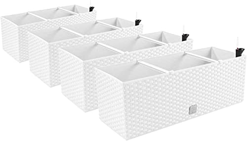 PAFEN 4X Blumenkasten Blumentopf Rattan-Optik - 60 x 25 x 24 cm - Pflanztopf Bewässerungssystem Balkonkasten Pflanzkästen, Weiß