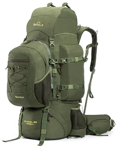 Tripole Colonel Pro Rucksack Mit Metallrahmen | Frontöffnung | Abnehmbare Tasche | Regenschutz (90 Liter, Armeegrün)