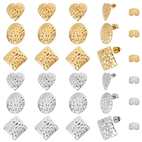 SUNNYCLUE 1 Boîte 24PCS 3 Styles Rond Plat Doré avec Boucles Oreilles Texturées 304 Clous Oreilles en Acier Inoxydable avec Écrous Oreille et Boucle pour Femmes Adultes DIY Boucle d'oreille Pendantes