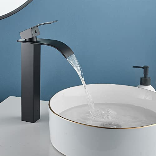 Waterfall Bathroom Basin Mixer Tap, Tall Bathroom Sink Taps, Matte Black | High Rise Faucet for Counter Top Basin, Single Lever, Modern Square Design, Hot & Cold Mixer, Flexible Tail, Stainless Steel