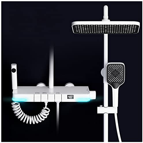 Ksunun Ensemble De Douche,Colonne De Douche Thermostatique De 40°C avec Mitigeur Baignoire Systeme Douche Thermostatique RéGlable Hauteur avec Pommeau Douche,Douchette Et PulvéRisateur De Bidet,Blanc