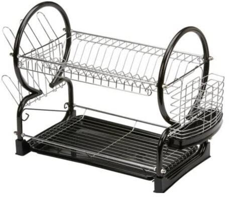 Dish Drainer - 2 Tier Double Dish Drainer Kitchen Rack Large Plate Cutlery Cup Dish Holder - Durable Plastic Double Tier Rack Dish Drainboard With 2 Removable Plastic Trays (Red)
