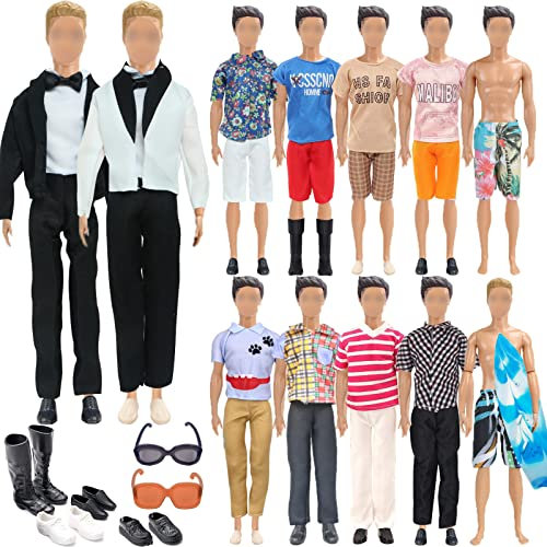 21 PCS Clothes Accessories for Doll 1 Suit 5 Tops 5 Pants Casual Wear 2 Beach Shorts 4 Pair of Shoes 1 Glasses 1 Surfboard for 12 Inch Boy Doll Outfits in Random