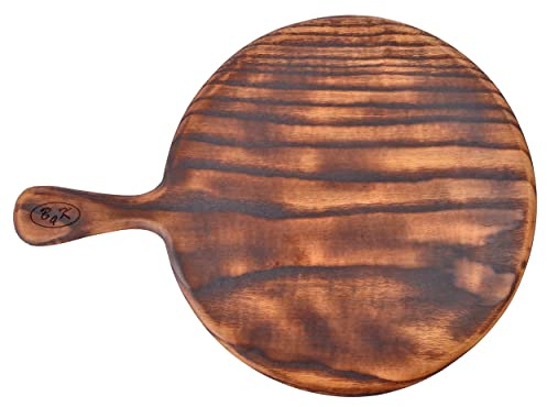 B4K® ⌀ 30 cm | Pizzabrett mit Griff aus Eichenholz | Antibakterielle Oberfläche | Geölt | Zweiseitig verwendbar | Tranchierbrett | Küchenbrett | Frühstücksbrett | Servierbrett (Geräucherte Eiche)