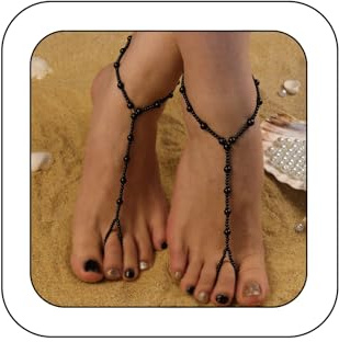 Kenjudess Bohemian Handmade Starfish Barefoot Sandals 2pcs Beach Wedding Pearl Foot Chain with Toe Ring Elegant Crystal Beaded Anklet Accessory for Women (Black bead)
