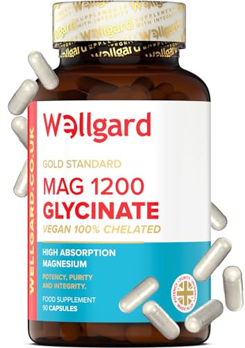 Pure Magnesium Glycinate by Wellgard - Not Mixed with Citrate or Malate, High-Strength Magnesium Supplement, Mag 1200, Vegan, High Absorption Bisglycinate, 240mg Elemental Magnesium, Made in UK