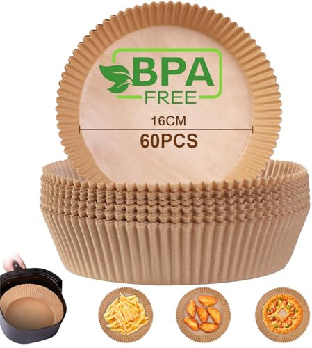 AiQInu Papier Cuisson Air Fryer, 60 Pièces 16-20cm Rond Papier Sulfurisé Air Fryer Paper Liner, Food-Grade BPA gratuit, Papier Parchemin Accessoires Air Fryer pour Friteuse Sans Huile 3-4.5L