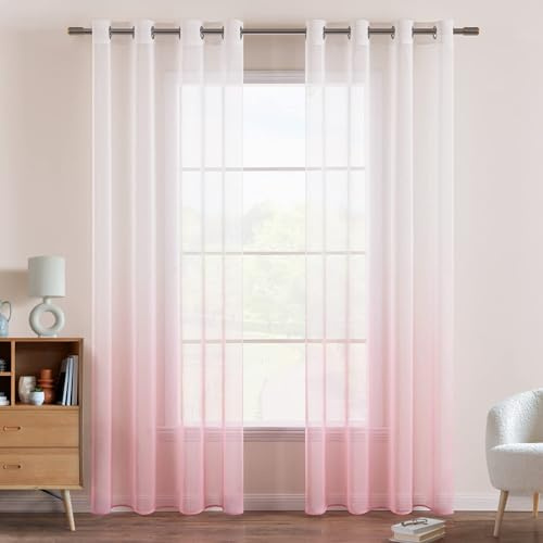 EMEMA Gardinen Transparent Vorhänge Voile Sheer Vorhang mit Ösen Farbverlauf Dekoschal Fensterschal für Schlafzimmer und Wohnzimmer 160 cm x 140 cm(H x B) 2er Set Weiß Rosa