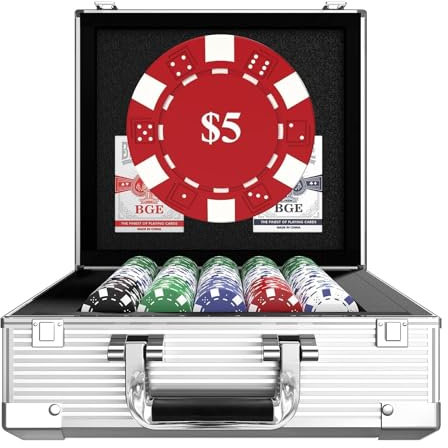 Pokerchips Set 600 Stück mit Zahlen, Aluminiumkoffer, 11,5g Eisenkern Chips, 2 Spielkarten, 5 Wertstufen ($1/$5/$25/$100/$500), Komplettset für Texas Hold’em, Blackjack, Casino, Reisen, ab 14 Jahren