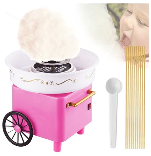Retro Cotton Candy Machine, Homemade Candy Machine with Mobile Cart, Stainless Steel Sugar Bin + Suction Cup Base, Quick Production/Easy To Use, Family Fun,Pink