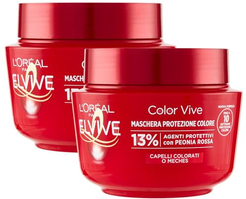 Maschera Protezione Colore -COLOR VIVE-, 13% Agenti Protettivi Con Peonia Rossa. Per Capelli Colorati o Meches 300ml (2 Barattoli)