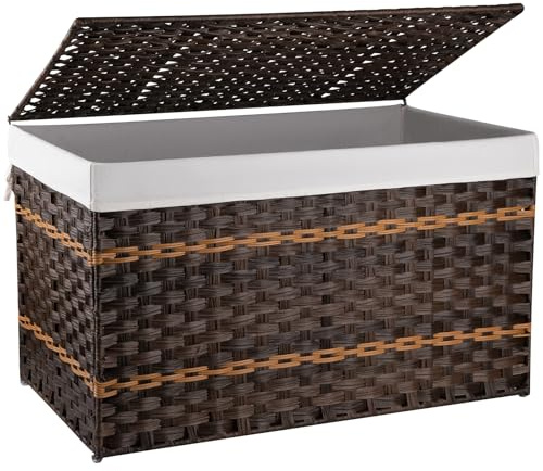 OIAHOMY Storage Basket with Lid, 42.3 Gallon (160L) Blanket Basket with Removable Liner Bag, Synthetic Wicker Hamper with Handle, Hamper for Living Room, Brown