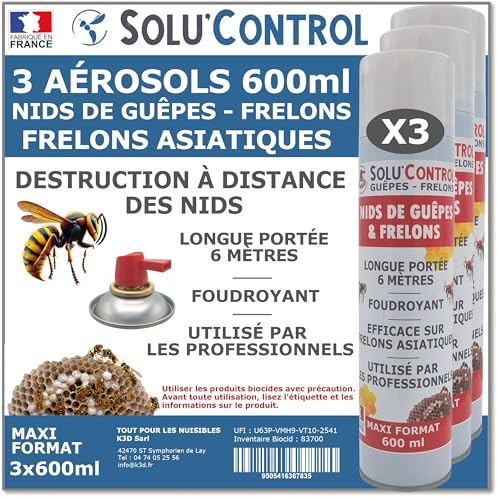 3 Bombes 600ml Guêpes, Frelons, Frelons Asiatiques - Destruction des nids - Longue portée 6m - Maxi format