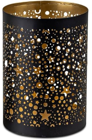 Formano Windlicht Rund Schwarz-Gold 10x14cm - Metall Kerzenhalter - Geschenkidee mit Stern-Durchbruch - Elegante Tischdeko - Wohnzimmer Beleuchtung Kerze