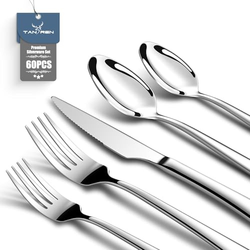 TAN REN Edelstahl Besteck Set 12 Personen, 60-Teiliges Besteckset mit Steakmesser, Elegantes Essbesteck mit Messer Gabel Löffel Set, Cutlery Set für Küche/Restaurant