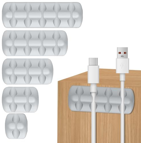 Cable Holder Clips, 5-Pack Wire Organiser, Silicone Self Adhesive Cable Tidy Cord Organizer for USB Charging Wire PC Office Home, Desk Accessories (Grey)