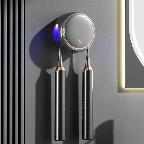 Maxspace Esterilizador de cepillos de dientes UV, desinfectante UV, soporte para cepillo de dientes para montaje en pared con secado, soporte para cepillos de dientes recargable con 2 compartimentos