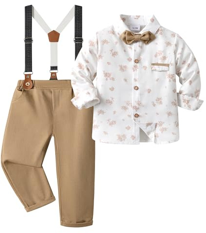 Volunboy Elegant barnset, pojkskjorta rosett och hängslen byxor 4 delar bröllopsceremoni kläder, Mörk khaki, 18-24 M�nader