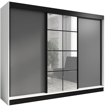 A&J MöbelLand Schwebetürenschrank ORAVELLE Kleiderschrank 3-türig mit Schubladen und Spiegel Garderobenschrank 200 cm (Weiß/Graphit)