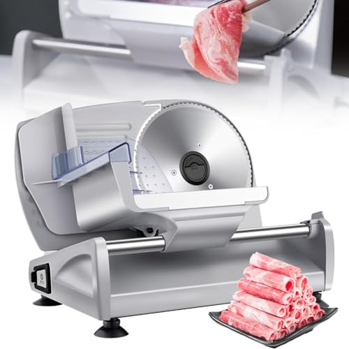 Trancheuse à viande électrique, trancheuse à pain 250 W avec épaisseur réglable de 1 à 15 mm et lame dentelée en acier inoxydable de 19 cm, machine à trancher la viande pour la maison et le fromage/