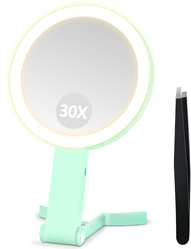 B Beauty Planet Vergrößerungsspiegel mit Licht, Doppelseitiger 30X/1X Vergrößerungsspiegel, Reise-Schminkspiegel mit 3 farbigen Lichtern, Faltbarer Makeup-Spiegel mit Tweezer, Handheld/Tabletop