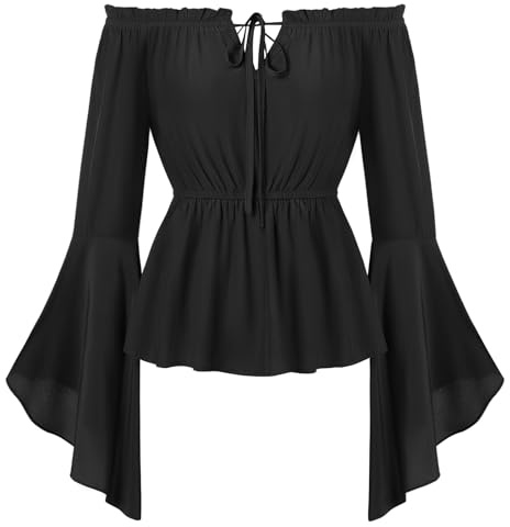 Skarlet mörker kvinnor medeltida blus axellös långärmad renässans traditionell blus elastisk midja toppar, Ren svart, S