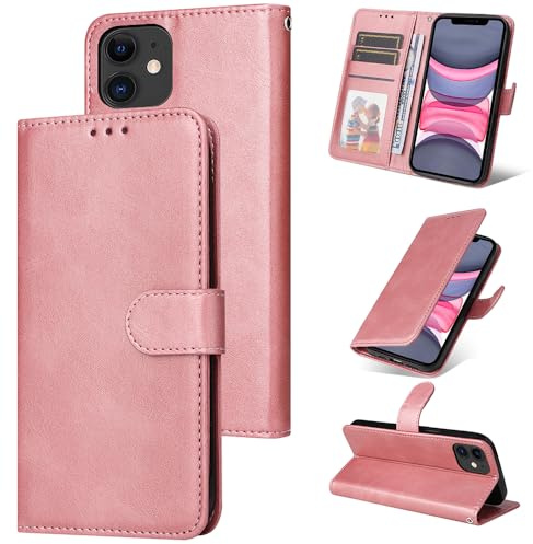 E-Lush Coque pour iPhone 11 Cuir PU, Portefeuille Etui pour iPhone 11 Coque Magnétique Flip Case avec Fonction Support Fente Carte Housse 360 Degrés Antichoc Protection, Or Rose