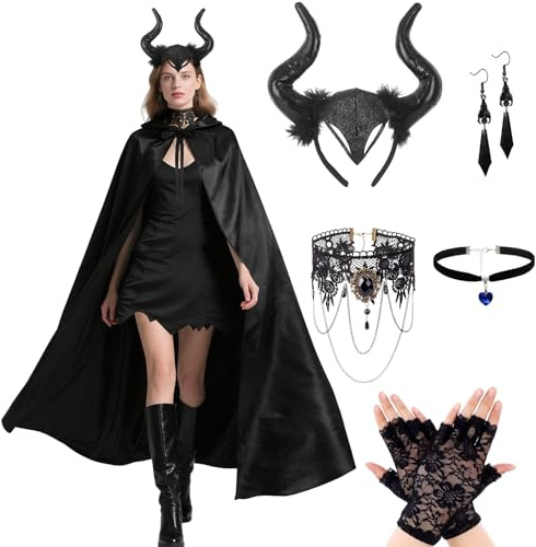 6er Teufel Kostüm Damen Set,150cm Halloween Teufel Malefiecent Kostüm Damen Schwarzer Umhang mit Teufelshörner & Gothic Schmuck & Spitze Handschuhe,Halloween Kostüm Teufel Umhang Cape Karneval Party