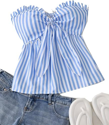 Top de Verano Mujer sin Tirantes con Volantes – Blusa Casual a Rayas Blanco y Celeste – Tallas S a L – Moda Juvenil 2025
