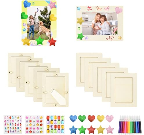Coriver Holz Bilderrahmen Zum Bemalen-10 Stück Fotorahmen Bastelset mit Glitzersteine & Sticker, Bilderrahmen zum Selbstgestalten, Kindergeburtstag Basteln, DIY Bastelset für Deko Bemale-20x15 cm