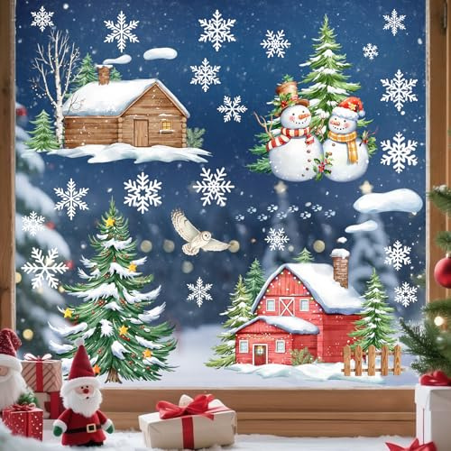 Supzone Fensterbilder Weihnachten Selbstklebend Fensteraufkleber Schneemann Schneeflocke Haus Winter Baum Fensterfolie Weihnachts Dekoration Mehrweg