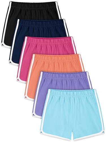 Poroka 6 Pack Girls Cotton Athletic Shorts Toddler Summer Dolphin Running Sports Shorts Kids Casual Active Short