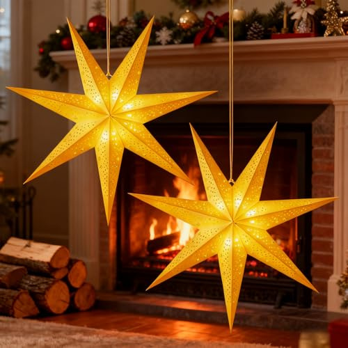 Weihnachtsstern 50cm Papier, 3D Adventsstern zum Aufhängen für Fenster & Weihnachtsdeko – Hängender Leuchtstern aus Papier Goldener Stern mit warmweißem Licht