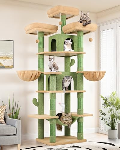 Globlazer Cat Tree Green Cactus XXL for 3-5 Cats, Large Cat Tower 204 cm with 3 Top Perches, 2 Caves, Hammock, 2 Hanging Basket, 9 Scratching Posts, Sturdy Cat Tree for Indoor Cats (F80, Green)
