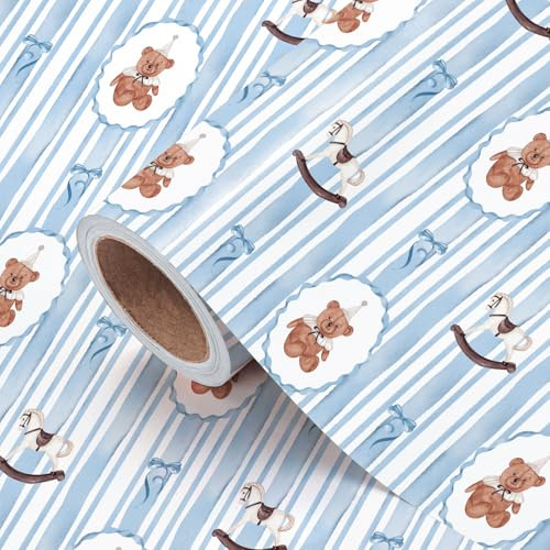 RUSPEPA Geschenkpapierrolle „Bär“ Für Jungen – Minirolle – 43,2 Cm X 5 M – Geschenkpapier Mit Teddybär, Spielzeug Und Blauer Schleife Für Babypartys, Geburtsfeiern, Kindergeburtstage Und Gender Reveal