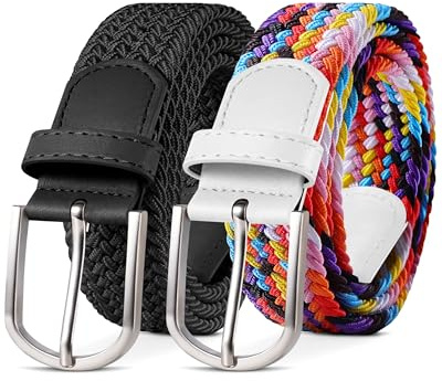 YOUCHAN 2-pack Elastiskt Bälte Flätat Stretchbälte Tygbälte för Dam & Herr, 3,3 cm brett, Längd 100 cm, Svart + Flerfärgad