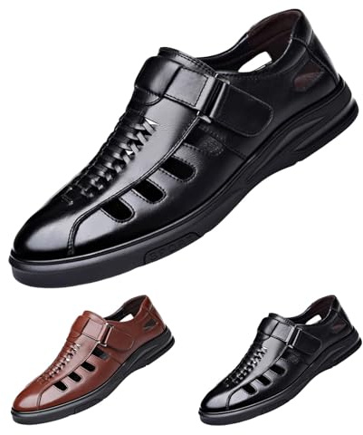 Sandalias de verano para hombre, sandalias de cuero descalzo, ligeras, zapatos de verano, sandalias de piel con correa ajustable, sandalias de ocio, sandalias de playa ahuecadas, Negro , 43 EU