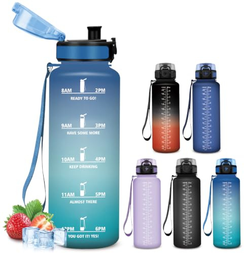 Mujigaga Borraccia 1,5 litri, Borraccia Palestra Senza Perdite, Borracce Motivazionale, Facile da Trasportare, Bottiglia Graduata con Indicatore del Tempo per Trekking, Ciclismo, Sport