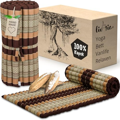 livasia Rollmatte Rollmatratze M schmal Einzelbett - 200x75x4,5cm - Gästebett Gästematratze 1 Person mit Muster, Reisebett Kofferraum outdoor, Thaimatte Kapok Garten handgefertigt (Braun)