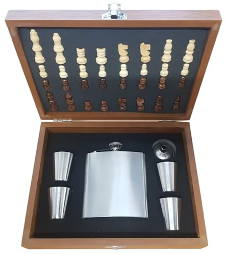 6oz Flask in Wooden Chess Set Box with 4 Cups & Funnel by Lucy G