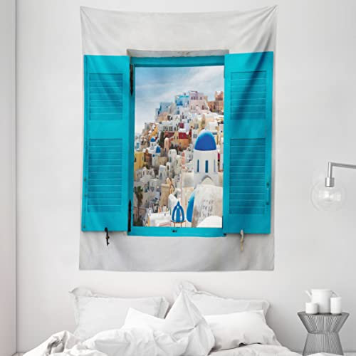 ABAKUHAUS Griechenland Wandteppich, Fenster alte Fensterläden, Wohnzimmer Schlafzimmer Heim Seidiges Satin Wandteppich, 150 x 200 cm, Aqua