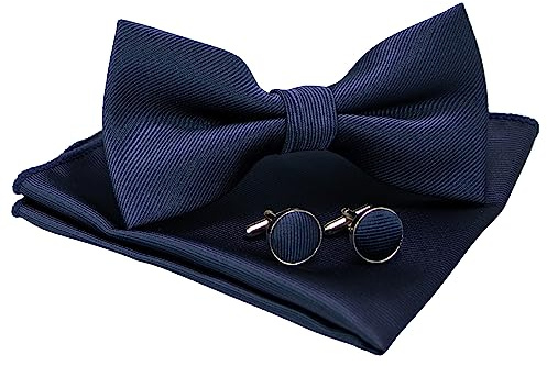 JEMYGINS Fliege für Herren, verstellbar, einfarbig, mehrere Farben, erhältlich in Seide und Manschettenknöpfen und quadratischer Tasche, Set inklusive Box, Dunkelblau 2
