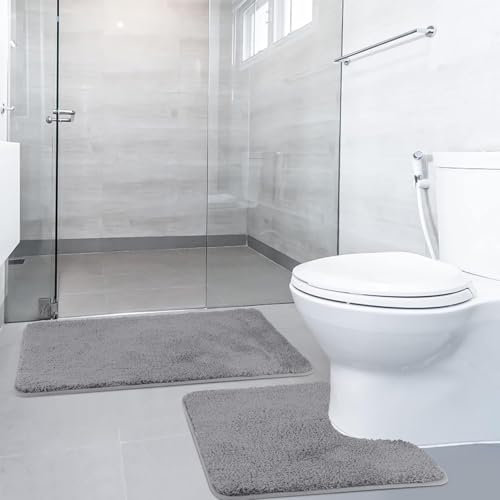 SOANNY Badematten Set 2-teilig, rutschfest & Waschbar, Luxus Dicke Mikrofaser Badezimmerteppich, 50x80 cm Badvorleger & 50x50 cm Toilettenmatte, Grau